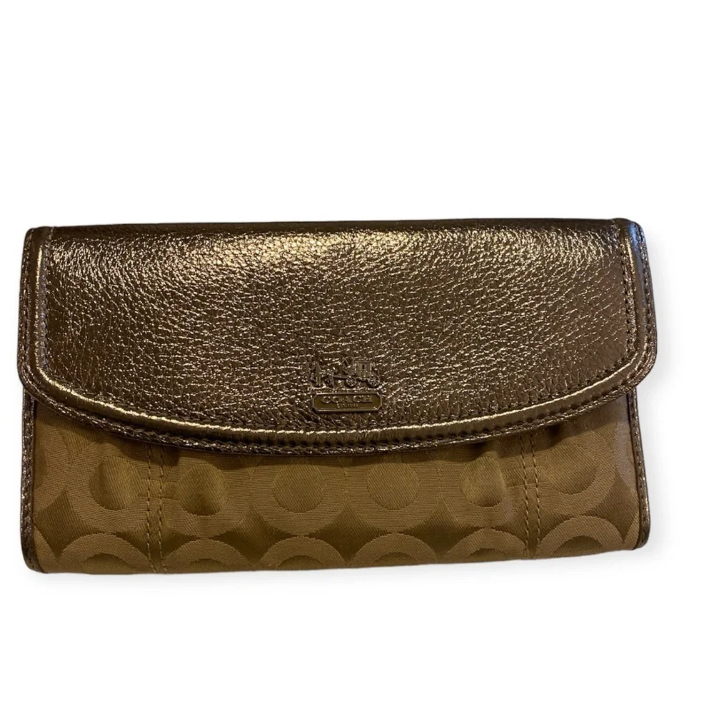 💕COACH Set Madison Metallic Silver & Tan Op Art Canvas Carryall Wallet